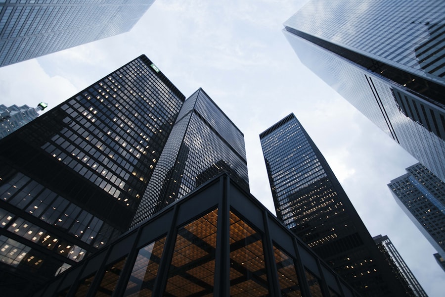 Glass office towers viewed from below