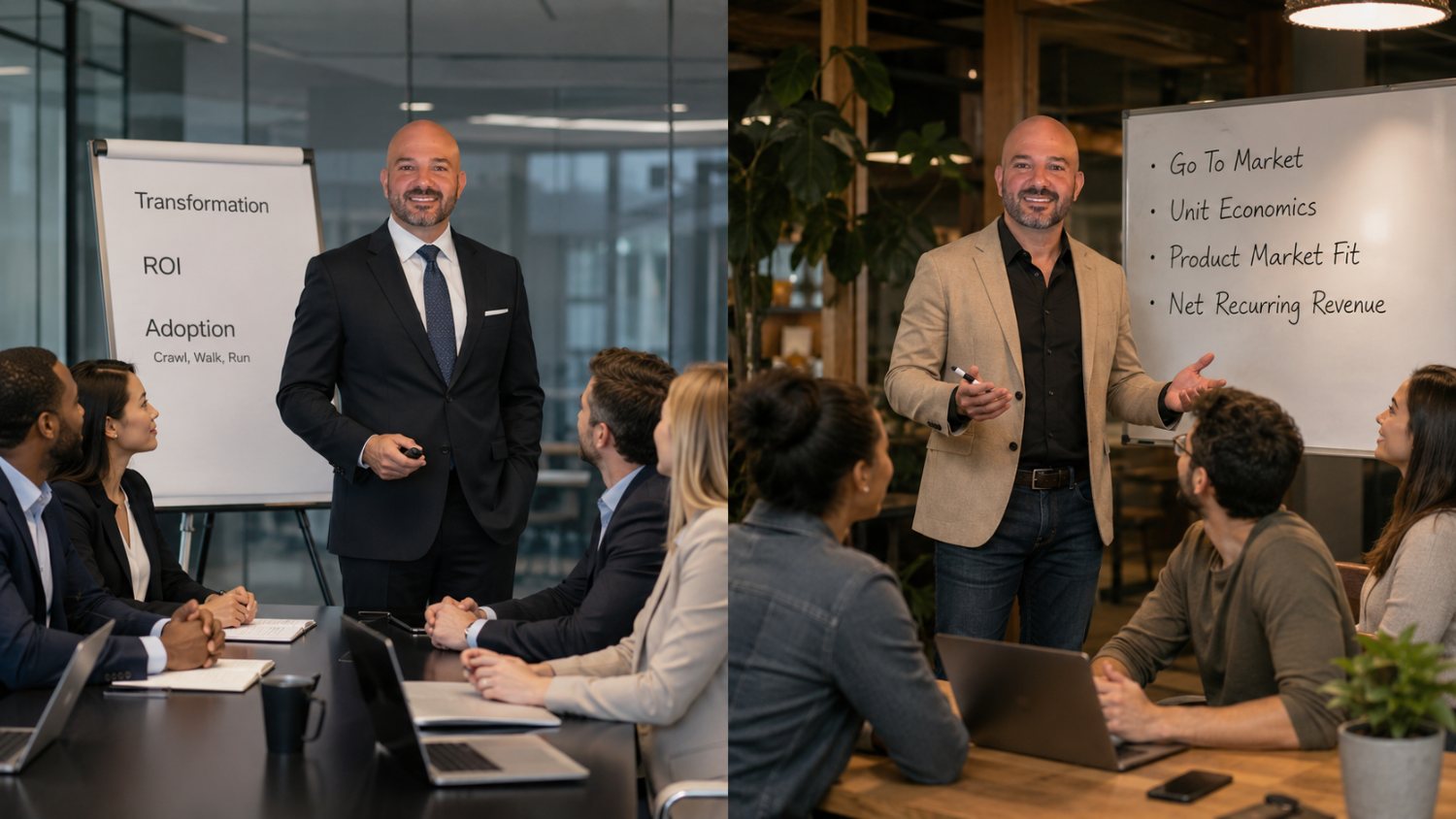 Justin Marchi presenting in two settings: leading an enterprise transformation session on Transformation, ROI, and Adoption, and coaching a startup team on Go To Market, Unit Economics, Product Market Fit, and Net Recurring Revenue.